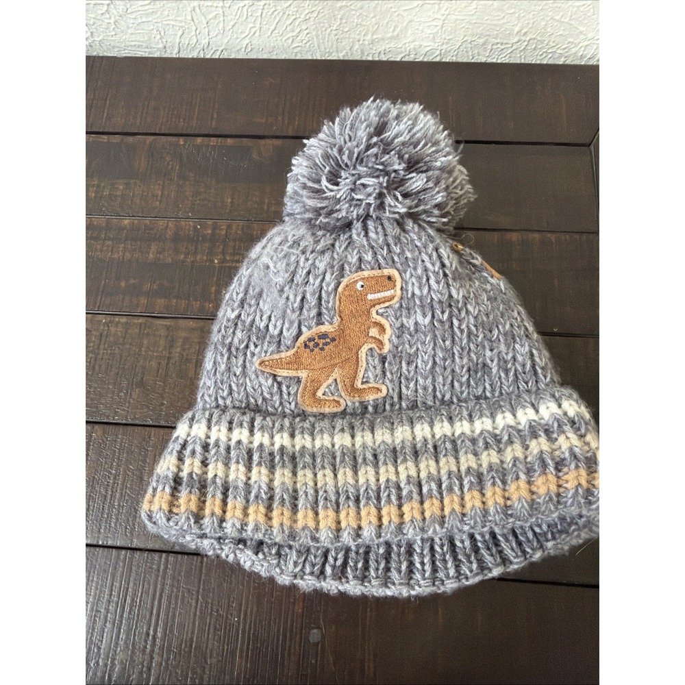 The Children's Place Boys Navy Gray Dinosaur Knit Beanie Hat Pom Pom 2T- 5T